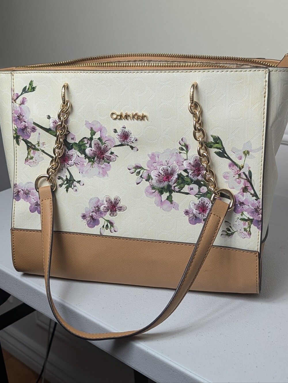Vintage Calvin Klein Lavender Cherry Blossom Tote | Gold Zip Cherub White